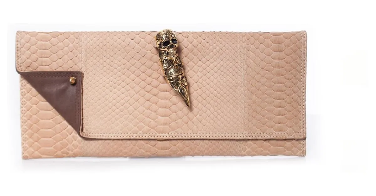 Autre Marque Casa Du Posh, Clutch con anilla en los nudillos de pitón beige. Castaño 