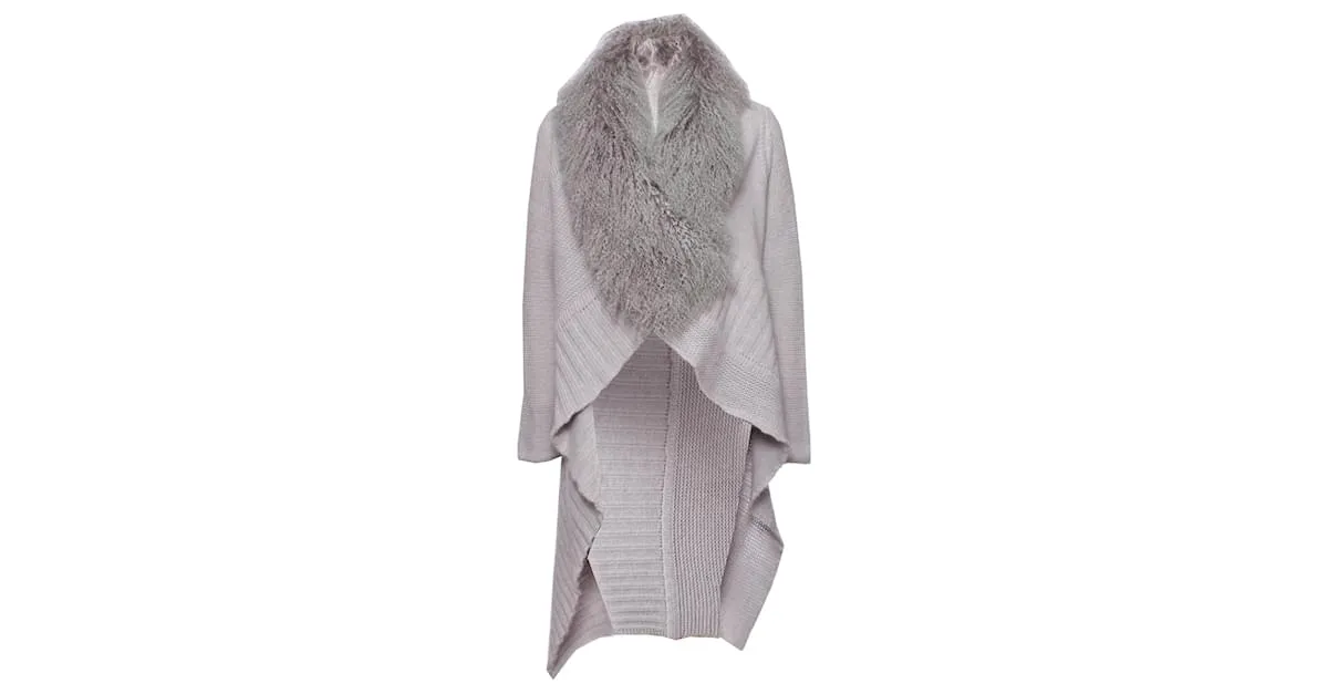 BLUMARINE, Cárdigan de lana gris con cuello de pelo. 