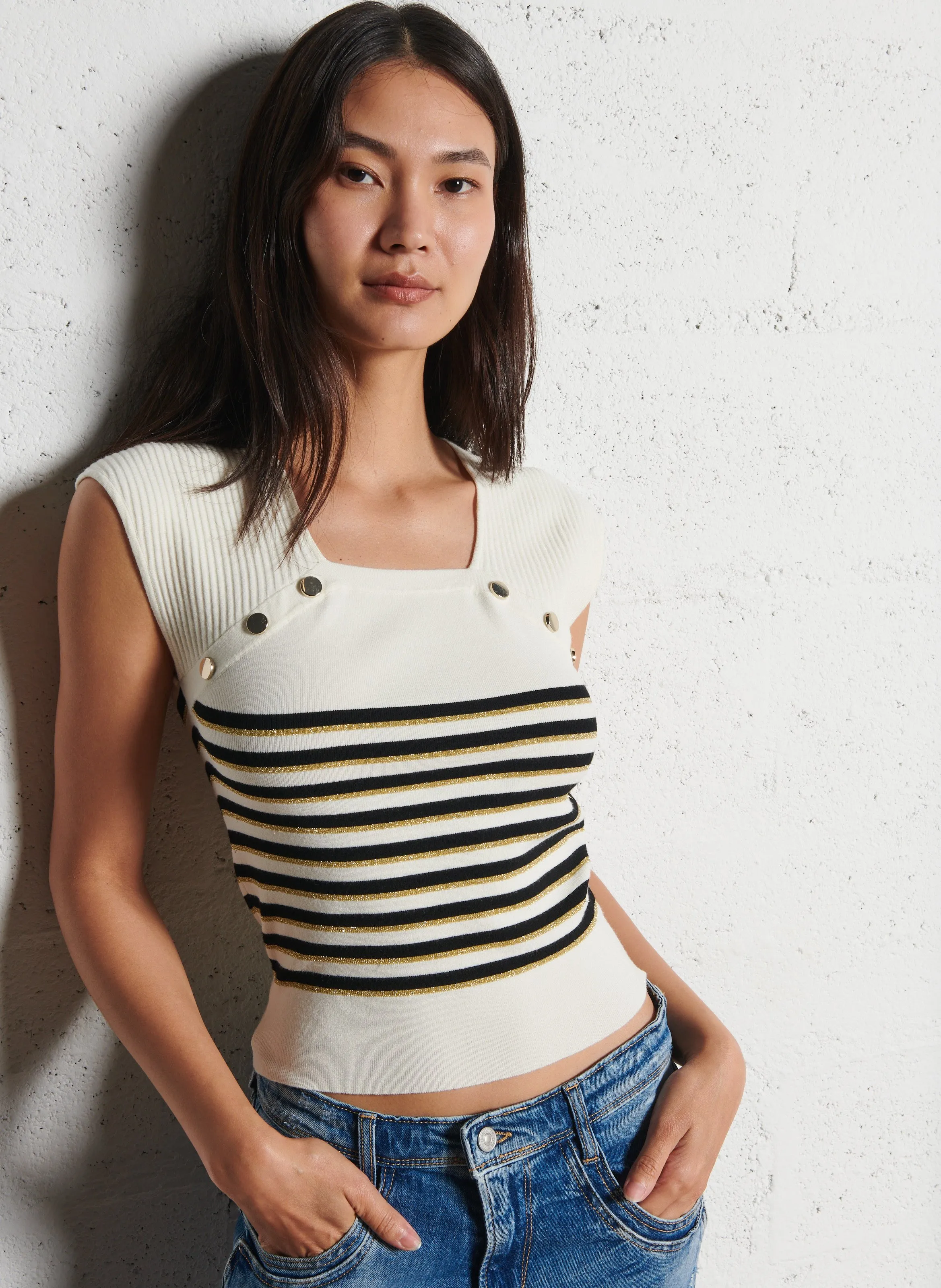 LIU JO Top a rayas con cuello cuadrado en negro