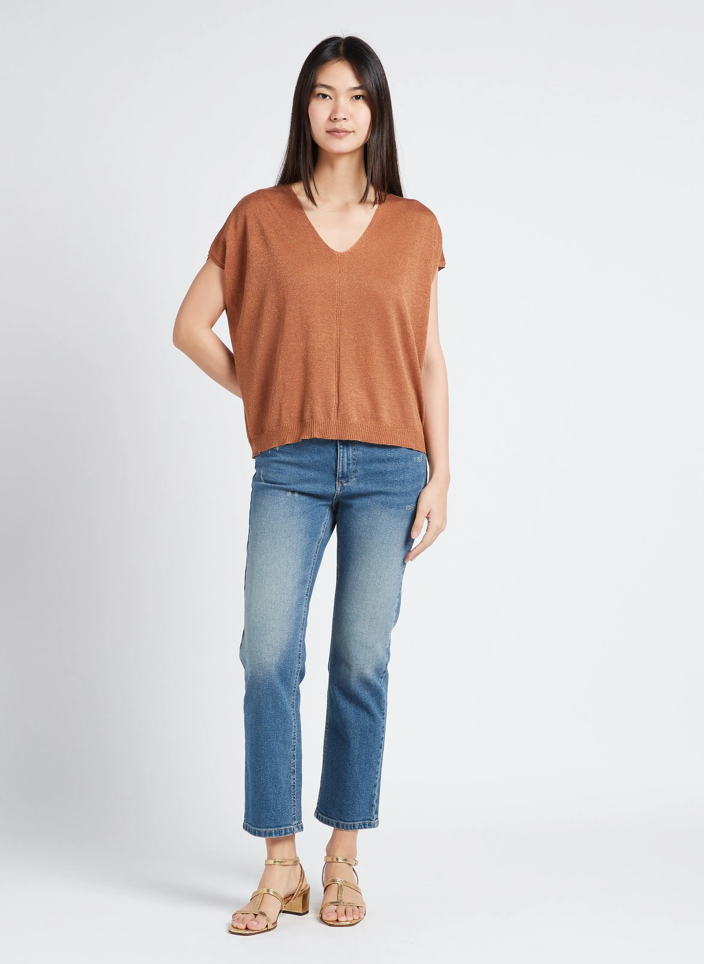 SUD EXPRESS MARGARET - Top holgado de punto lúrex con cuello de pico en marron